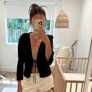 Black Satin Tie Front Top